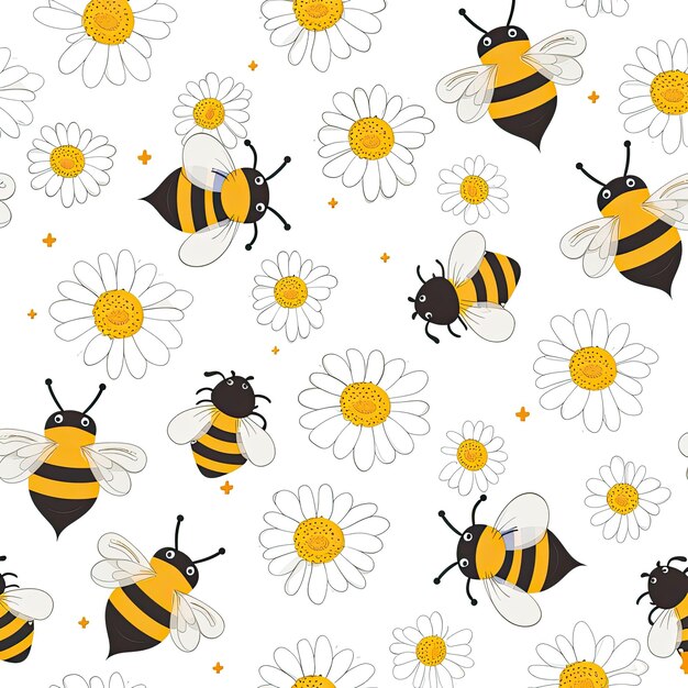 Photo un motif d'abeilles et de fleurs avec des fleurs jaunes et blanches