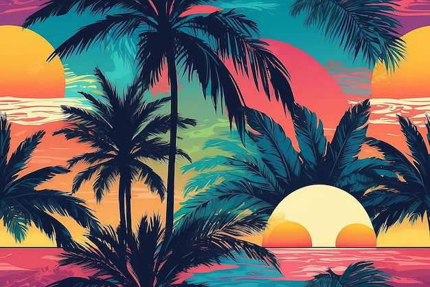 Motif abstrait sans couture avec des feuilles de palmier soleil Texture du coucher de soleil d'été Illustration vectorielle