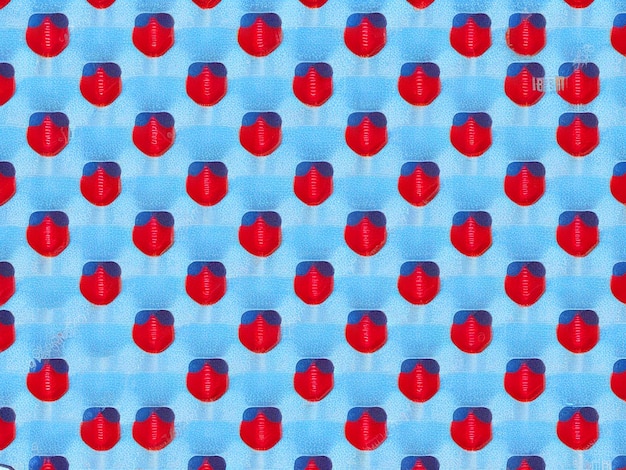 Le motif abstrait se répète pour une glace, des petits objets, un fond gris, rouge et bleu foncé.