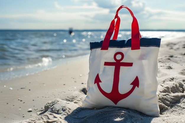Photo motif d'ancre rouge sur un sac de plage blanc