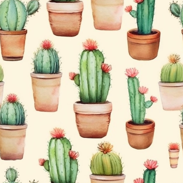 Un motif aquarelle de cactus en pots.