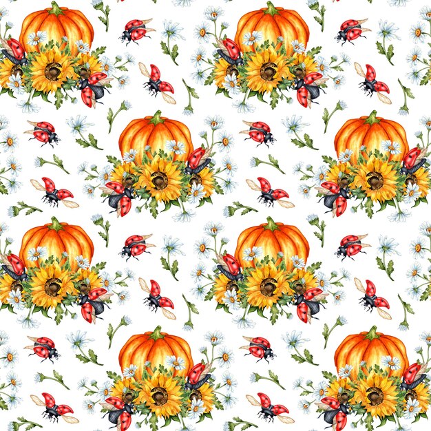 Photo motif d'aquarelle citrouille orange mûre tournesols marguerites coccinelle symbole de thanksgiving ou d'halloween