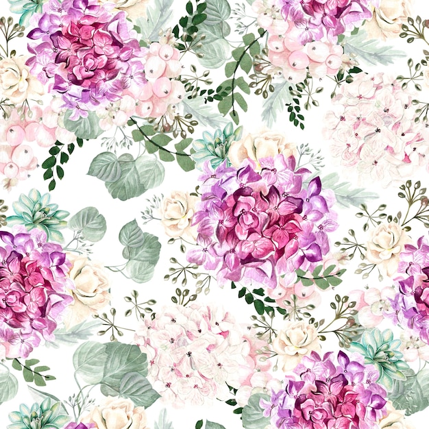 Motif aquarelle coloré avec fleurs d'hortensia, rose, plantes succulentes et feuilles. Illustration