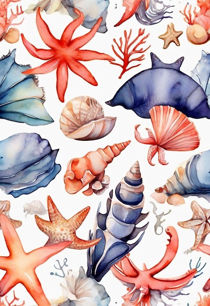 Motif d'aquarelle avec coquille corallienne crabe étoile de mer papier peint nautique dessin de fond de mer