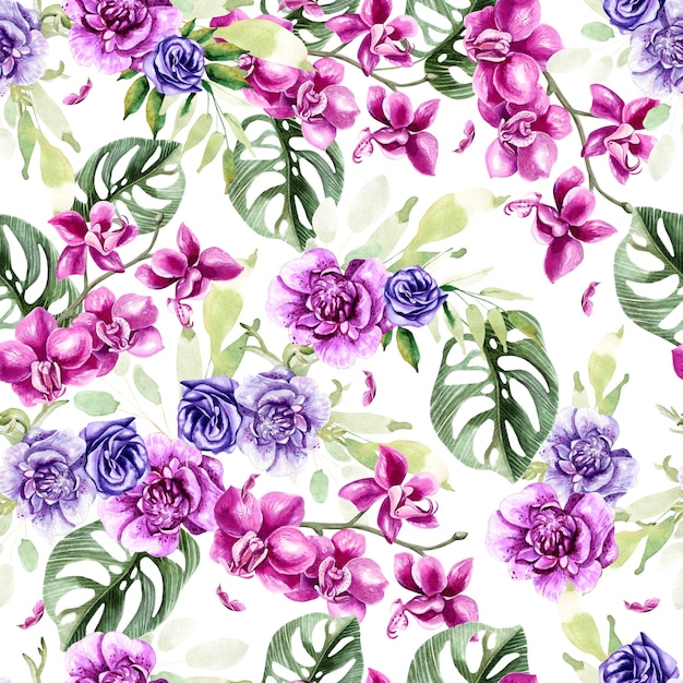 Motif aquarelle avec fleurs d'orchidées et d'anémones, feuilles tropicales. Illustration