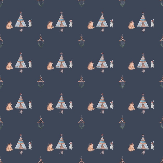 Motif d'aquarelle sans couture avec des éléments de boho wigwam ours flèche d'oiseau bleuets feu de joie pour