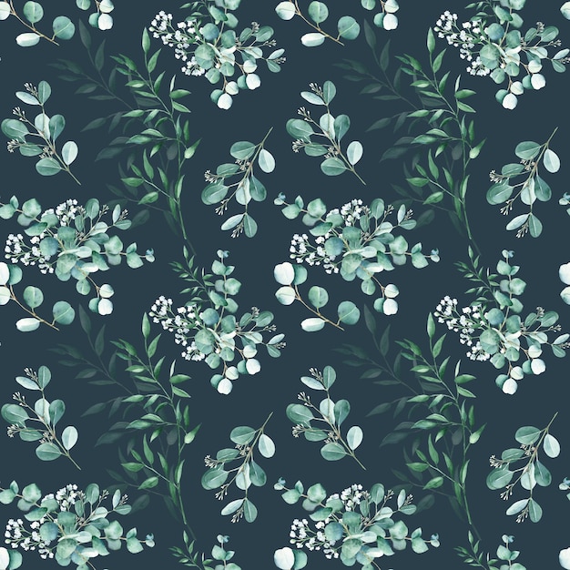 Motif aquarelle de verdure sans couture avec des branches d'eucalyptus gypsophile et de pistache sur bleu foncé