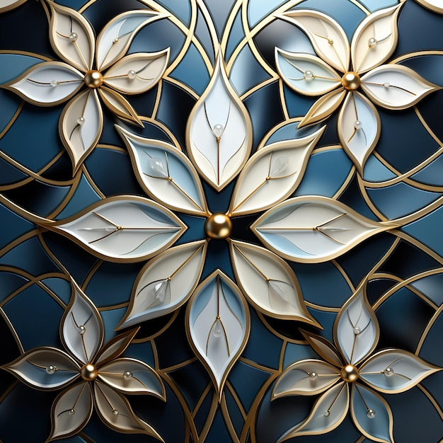 Motif arabe 3d de fleur d'or bleu blanc