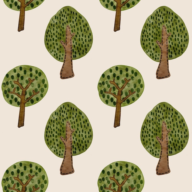 Photo motif d'arbres sans couture dans le style aquarelle sur un doodle d'enfant d'arrière-plan isolé