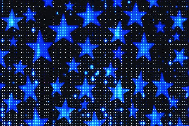 Motif au néon abstrait avec des étoiles bleues brillantes sur fond noir style rétro des années 80 et 90 Club de nuit