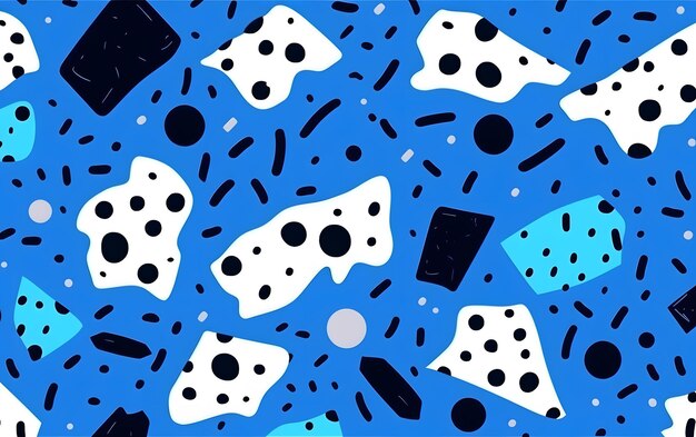 Un motif bleu et blanc avec des fromages et des cercles noirs.