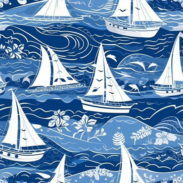 un motif bleu et blanc avec des voiliers et des vagues ai générative