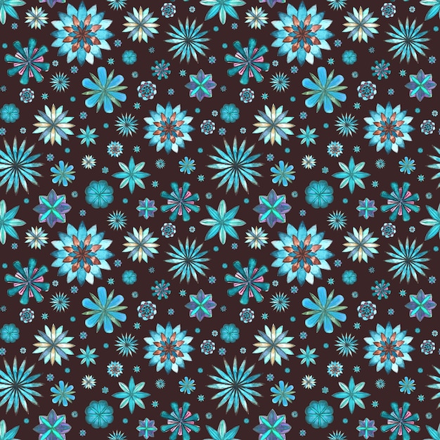 Photo motif boho ethnique sans couture floral abstrait. aquarelle dessinée à la main bleu sarcelle turquoise fleurs marron texture sur fond marron foncé. papier peint, emballage, textile, tissu