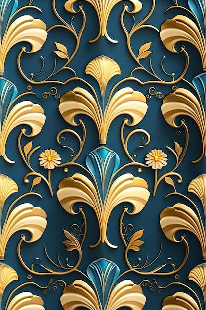 Motif botanique art nouveau sans couture Fleurs dorées abstraites sur fond bleu