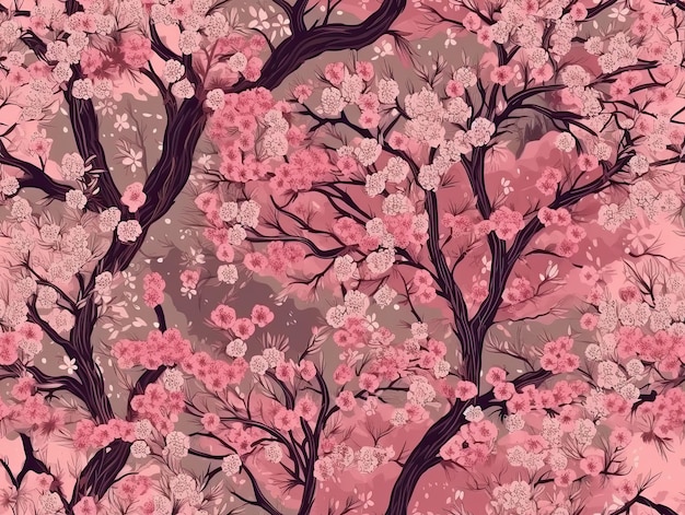 Motif botanique sans couture avec conception de fond de papier peint arbre fleur rose AI générative
