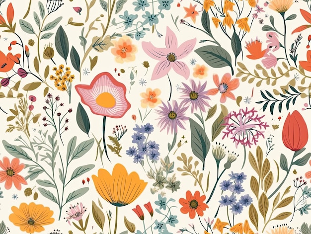 Motif botanique sans couture avec feuilles fleurs illustration fond d'écran design AI générative