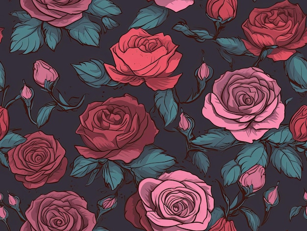 Motif botanique sans couture avec fleurs roses dessinées à la main Generative AI