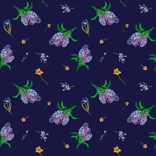 Motif bouquet floral violet sur fond bleu