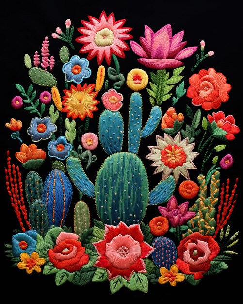 Photo un motif de broderie mexicaine captivant représentant un magnifique cactus en pleine floraison