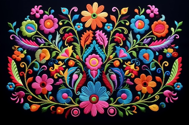 Motif de broderie traditionnelle mexicaine sur fond noir