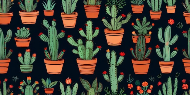 un motif avec un cactus et des fleurs rouges