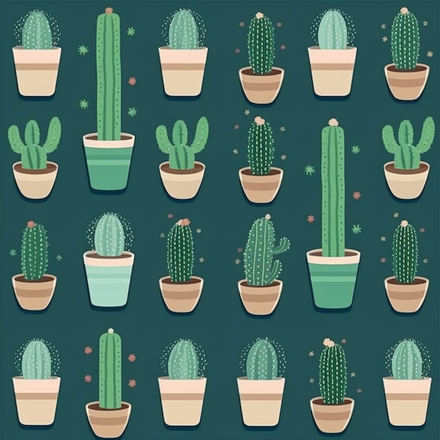 Un motif de cactus en pots avec un fond vert.