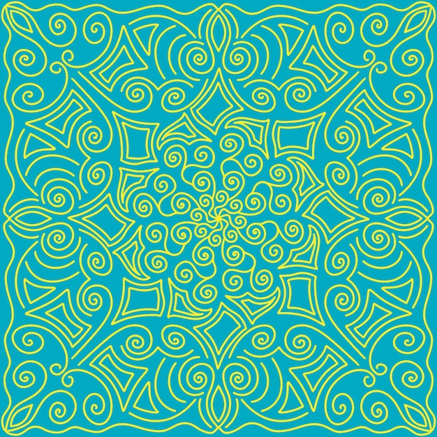 Motif carré symétrique à partir d'éléments ethniques kazakhs dans les couleurs turquoise et jaune du drapeau national