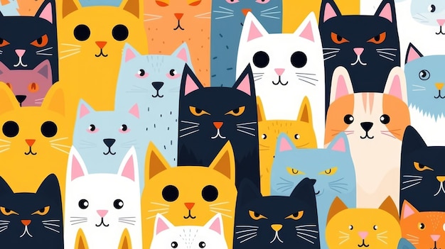 Motif de chat coloré Collage créatif de chats illustrés dans diverses couleurs pour la conception ou le papier peint généré par l'IA