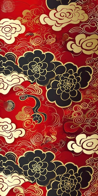 Motif chinois de nuages de bon augure avec des thèmes rouges et dorés