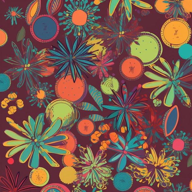 Un motif coloré avec un cercle jaune et des fleurs oranges.