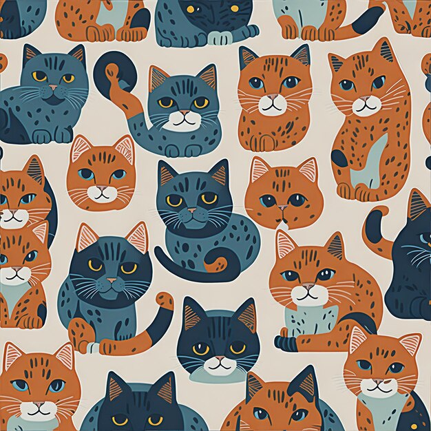 Un motif coloré de chats de différentes couleurs.