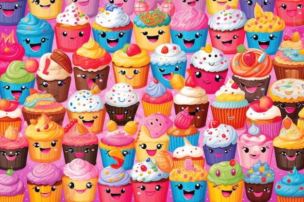 Un motif coloré de cupcakes aux visages différents.