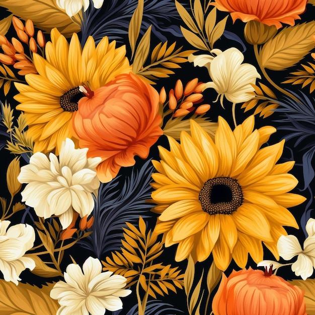 Un motif coloré de fleurs et de feuilles sur fond noir.