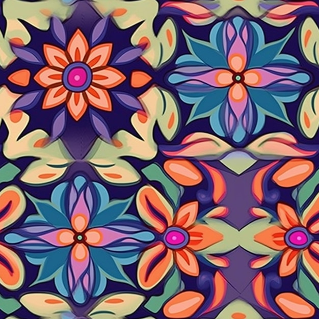 Un motif coloré avec des fleurs et des feuilles.