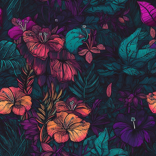 Un motif coloré de fleurs d'hibiscus avec des feuilles sur le fond.