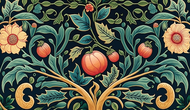 Motif coloré floral AI génératif William Morris inspiré des plantes et des fleurs naturelles