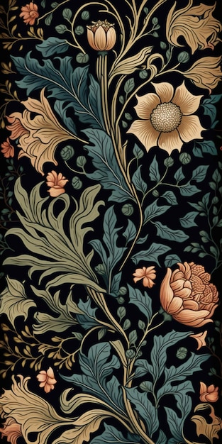 Motif coloré floral AI génératif William Morris inspiré des plantes et des fleurs naturelles