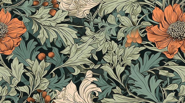 Motif coloré floral IA générative William Morris inspiré fond de plantes et de fleurs naturelles