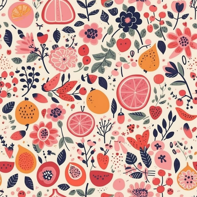 Un motif coloré avec des fruits et des feuilles.