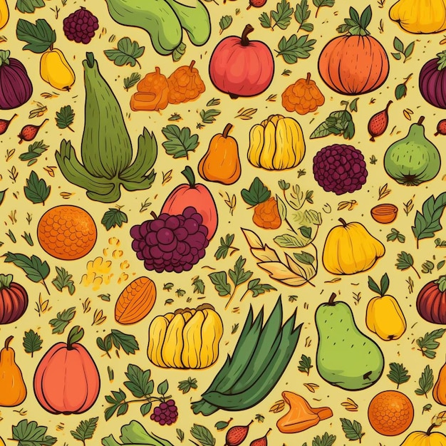 Un motif coloré avec des fruits et légumes sur fond jaune.