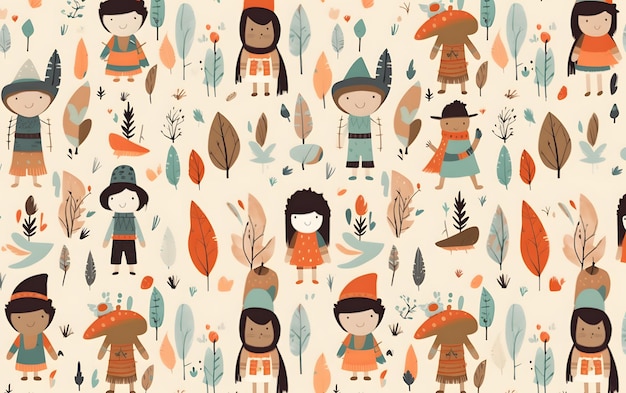 Un motif coloré avec un groupe d'enfants et un arbre avec des feuilles.