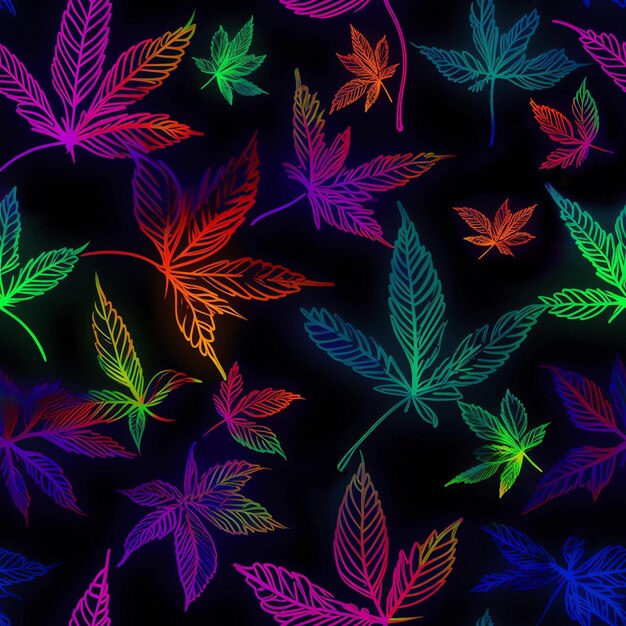 Motif coloré harmonieux de feuilles de cannabis aux couleurs fluo sur fond noir