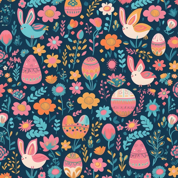 Un motif coloré avec des lapins et des œufs.