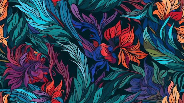 Un motif coloré avec un oiseau et des fleurs.