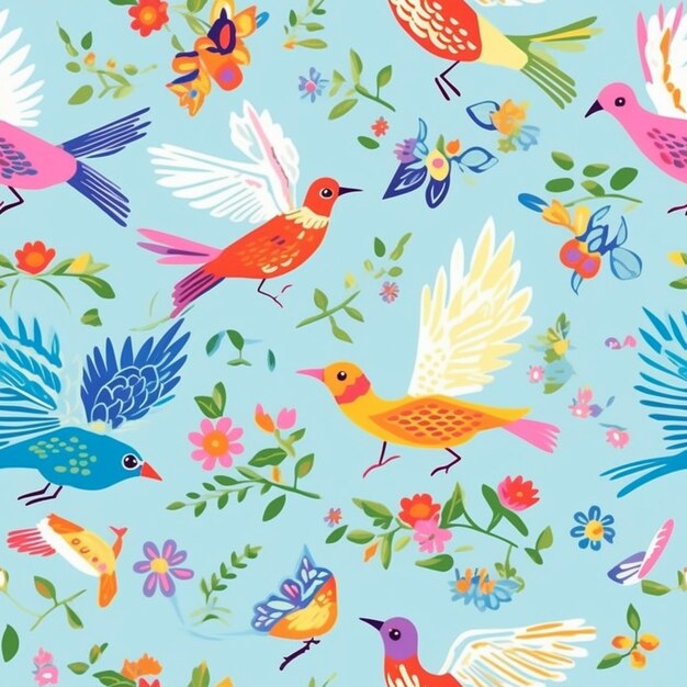 Un motif coloré avec des oiseaux et des fleurs.