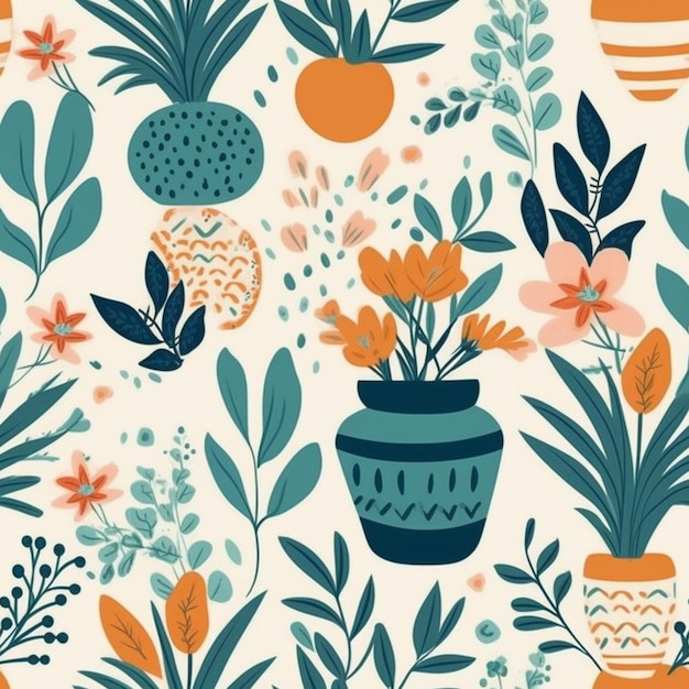 Un motif coloré avec une plante en pots et des fleurs.