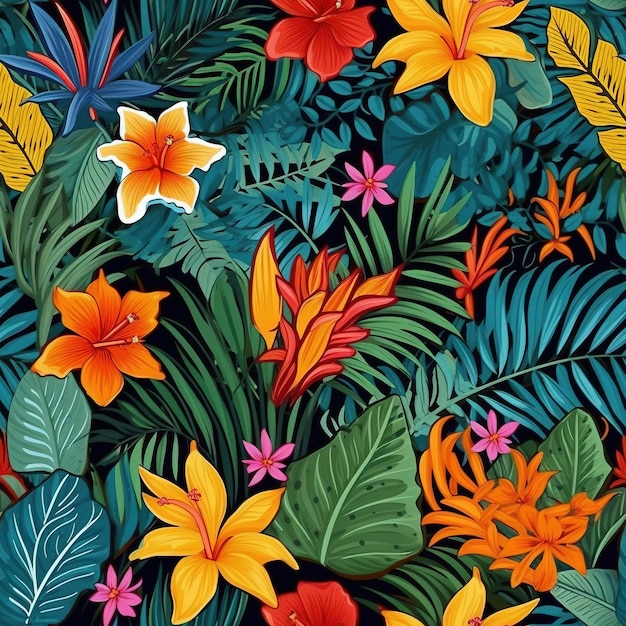 Un motif coloré avec des plantes et des fleurs tropicales.