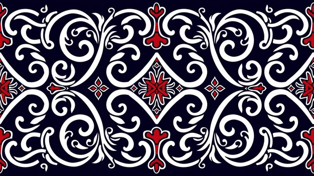 Un motif décoratif avec des tourbillons rouges et blancs sur un fond noir ai.
