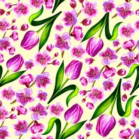 Motif délicat printanier avec tulipes roses et sakura. illustration aquarelle.