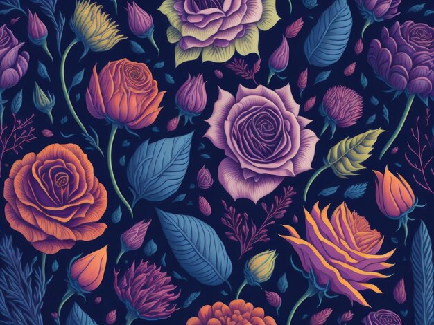 Motif détaillé de fleurs roses et violettes sur fond sombre généré par l'IA